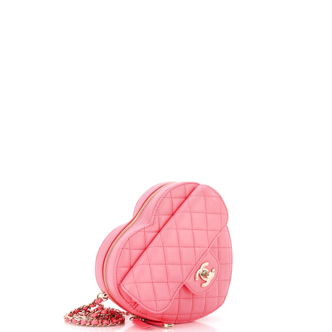 Chanel CC in Love Heart Bag Quilted Lambskin: Truly one for the wish list. Meet the Chanel CC in Love Heart Bag Quilted Lambskin in Pink lambskin quilted -- as desirable as ever. At 6.5" x 7" x 2.5", this piece strikes the ideal balance of