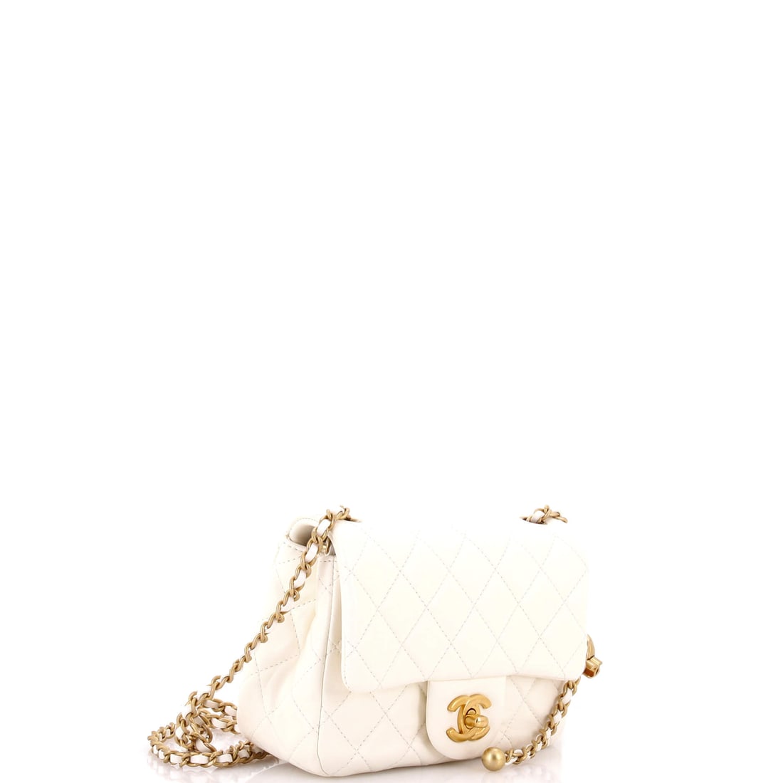 Chanel Pearl Crush Square Flap Bag Quilted Lambskin Mini: Not just a bag. A declaration. This particular Chanel Pearl Crush Square Flap Bag Quilted Lambskin Mini features a White lambskin quilted exterior (size Mini). At 5" x 6.5" x 3", this piece strikes th