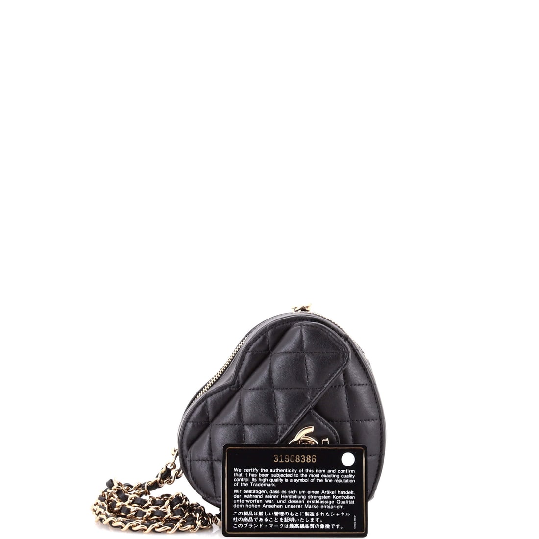 Chanel CC in Love Heart Clutch with Chain Quilted Lambskin: A jewel worth coveting. From Chanel, the CC in Love Heart Clutch with Chain Quilted Lambskin in Black lambskin quilted speaks for itself. Dimensions come in at 5" H x 5" W x 2" D. Lot includes the fol