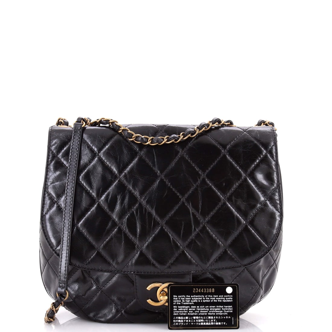 Chanel Dubai Messenger Bag Quilted Aged Calfskin Medium: Unmistakable design meets impeccable craftsmanship. Presenting the Chanel Dubai Messenger Bag Quilted Aged Calfskin Medium, rendered in Black calfskin quilted (size Medium). Measuring 9" H x 10.5" W x