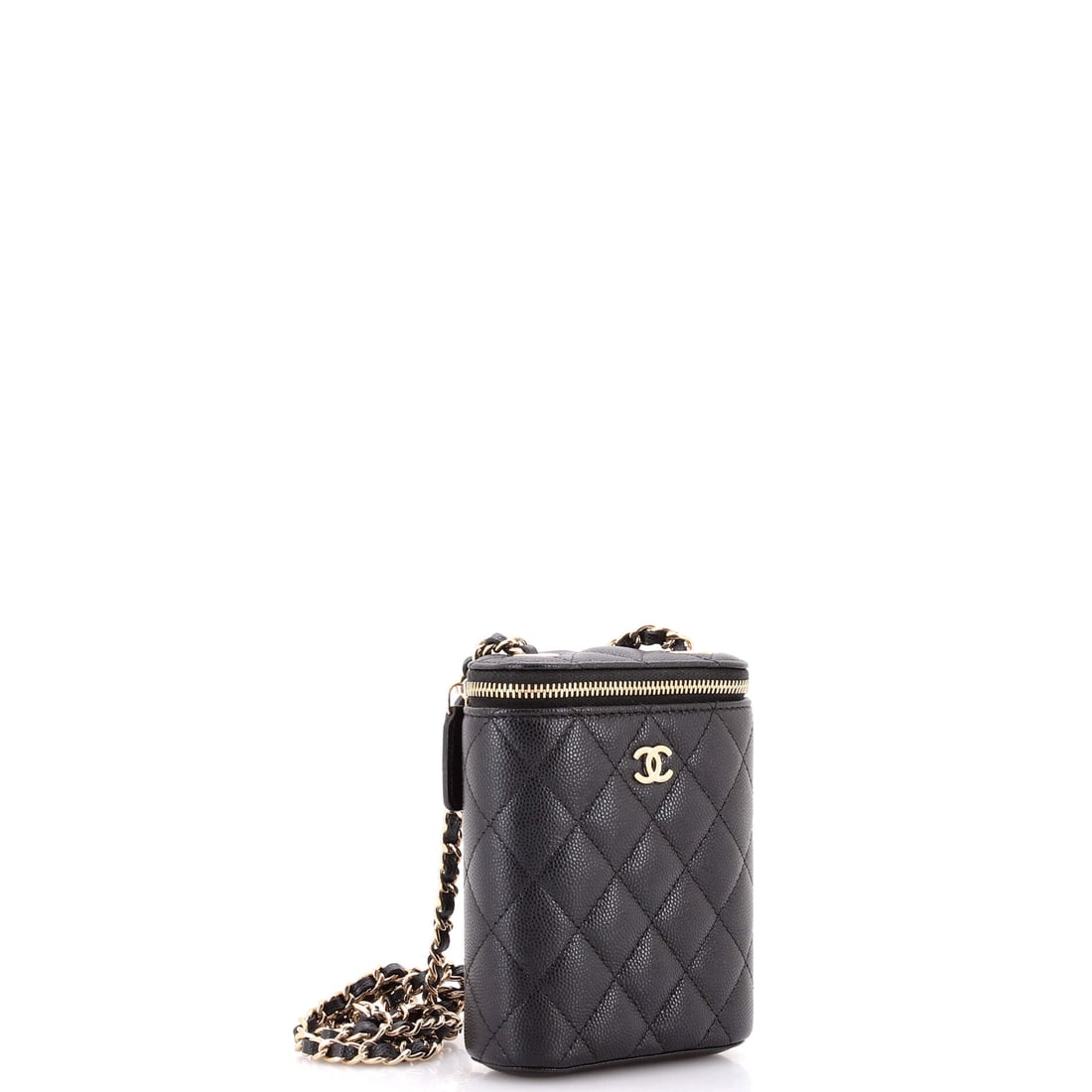Chanel Vertical Classic Vanity Case with Chain Quilted Caviar Small: When understated elegance meets artisanal mastery. Behold the Chanel Vertical Classic Vanity Case with Chain Quilted Caviar Small: Black caviar quilted, (size Small) pure luxury. Sized at 4.75" H, 4"