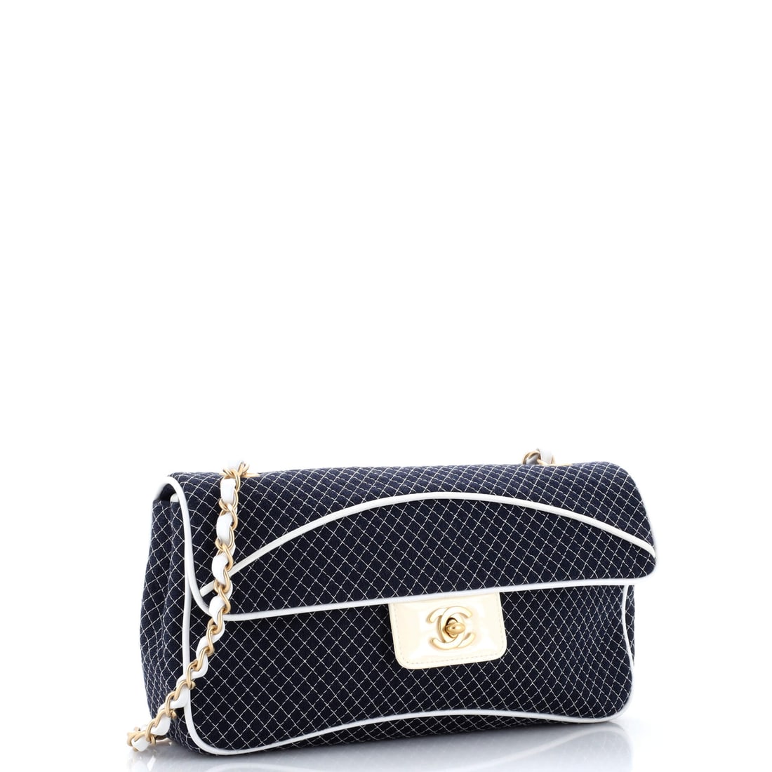 Chanel Vintage CC Chain Flap Bag Quilted Jersey Medium: The centerpiece of any jewelry collection. Here we have the Chanel Vintage CC Chain Flap Bag Quilted Jersey Medium -- Blue jersey quilted (size Medium) and every bit as covetable as you'd expect. Size