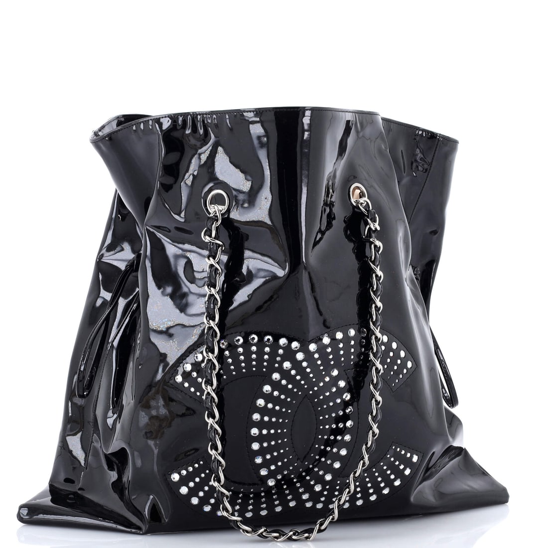 Chanel Bon Bon Tote Strass Embellished Patent Large: For those who believe their arm candy should spark conversation. Here we have the Chanel Bon Bon Tote Strass Embellished Patent Large -- Black patent (size Large) and every bit as covetable as you'd e