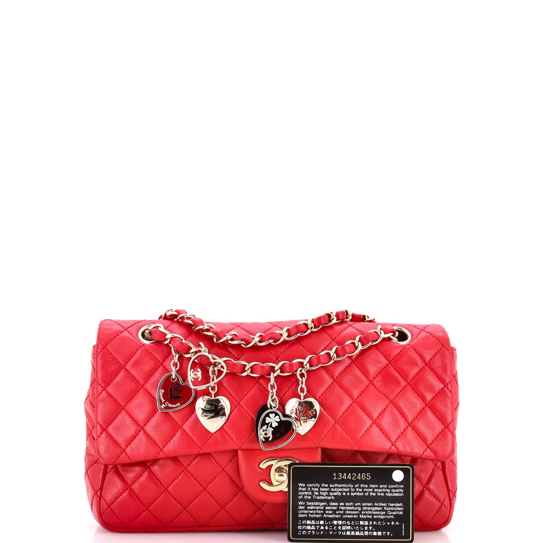 Chanel Valentine Hearts Flap Bag Quilted Lambskin Medium: The kind of piece collectors dream about. Here we have the Chanel Valentine Hearts Flap Bag Quilted Lambskin Medium -- Red lambskin quilted (size Medium) and every bit as covetable as you'd expect. Wi