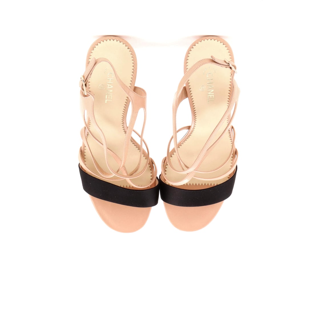 Chanel Women's Strappy Pearl Heeled Sandals Leather and Satin: Equal parts art and architecture. Chanel's beloved Women's Strappy Pearl Heeled Sandals Leather and Satin in Black, Neutral leather satin -- a perennial favorite for good reason.