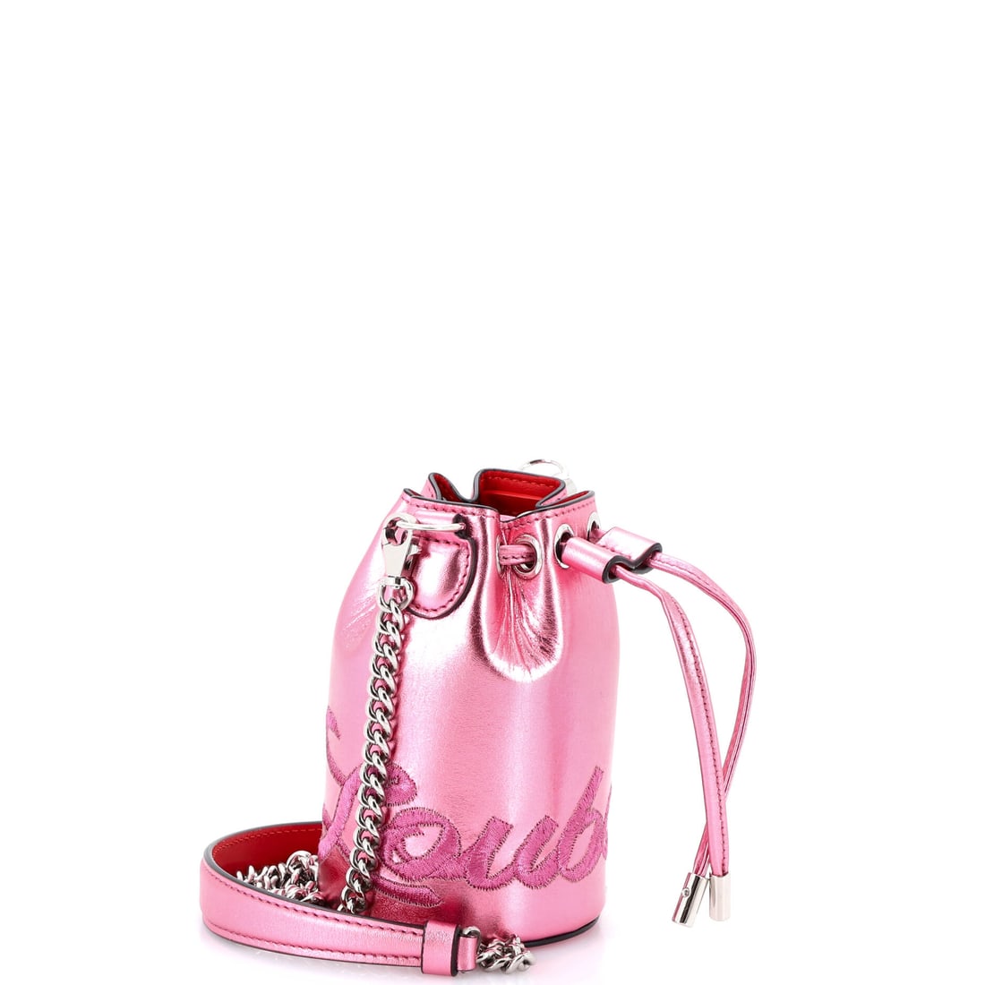 Christian Louboutin Marie Jane Bucket Bag Leather Mini: Bold, refined, and absolutely unapologetic. Presenting the Christian Louboutin Marie Jane Bucket Bag Leather Mini, rendered in Metallic, Pink leather (size Mini). Measuring 5.5" H x 3" W x 3" D, it's