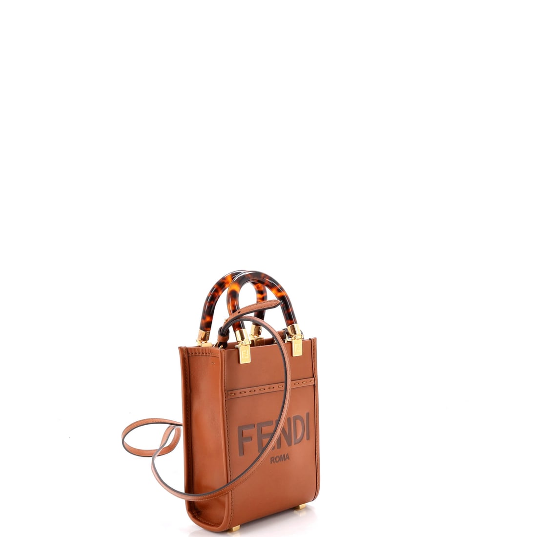 Fendi Sunshine Shopper Tote Leather Mini: Because subtlety is overrated. This particular Fendi Sunshine Shopper Tote Leather Mini features a Brown leather exterior (size Mini). With dimensions of 7" x 5" x 2.5", it carries more than its