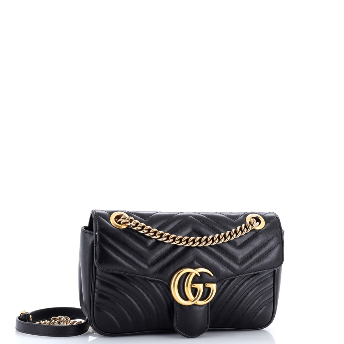 Gucci GG Marmont Flap Bag Matelasse Leather Medium: A piece that elevates everything around it. Gucci's beloved GG Marmont Flap Bag Matelasse Leather Medium in Black leather (size Medium) -- a perennial favorite for good reason. At 8" x 11" x 3", this
