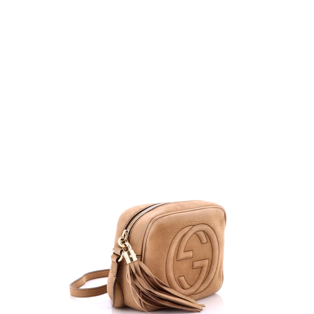 Gucci Soho Disco Crossbody Bag Nubuck Small: The definition of investment dressing, carried on the arm. Presenting the Gucci Soho Disco Crossbody Bag Nubuck Small, rendered in Neutral nubuck (size Small). With dimensions of 6" x 8" x 3", it