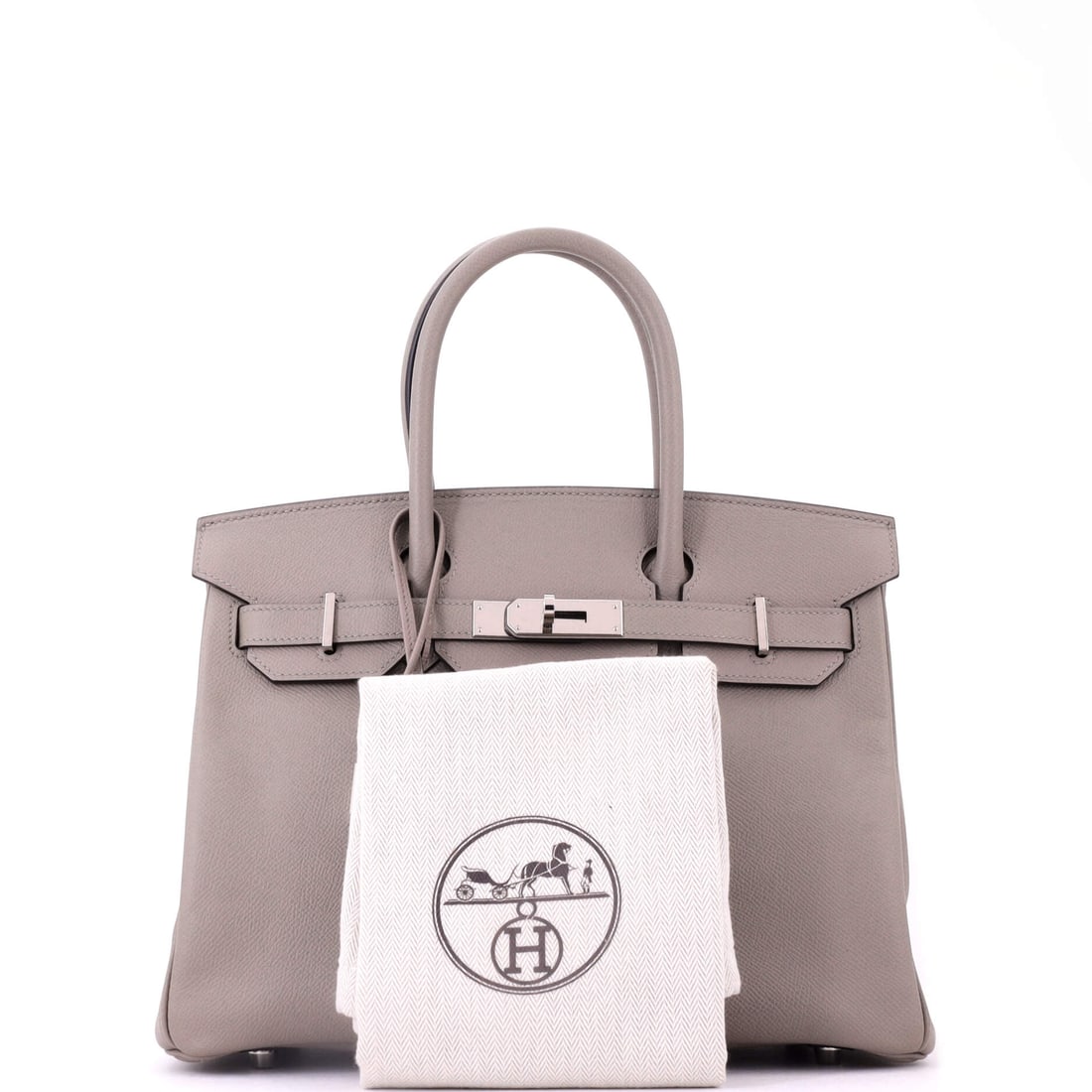 Hermes Birkin Handbag Grey Epsom with Palladium Hardware 30: Bold, refined, and absolutely unapologetic. Presenting the Hermes Birkin Handbag Grey Epsom with Palladium Hardware 30, rendered in Gray . Measuring 9" H x 12" W x 6" D, it's perfectly proportioned fo