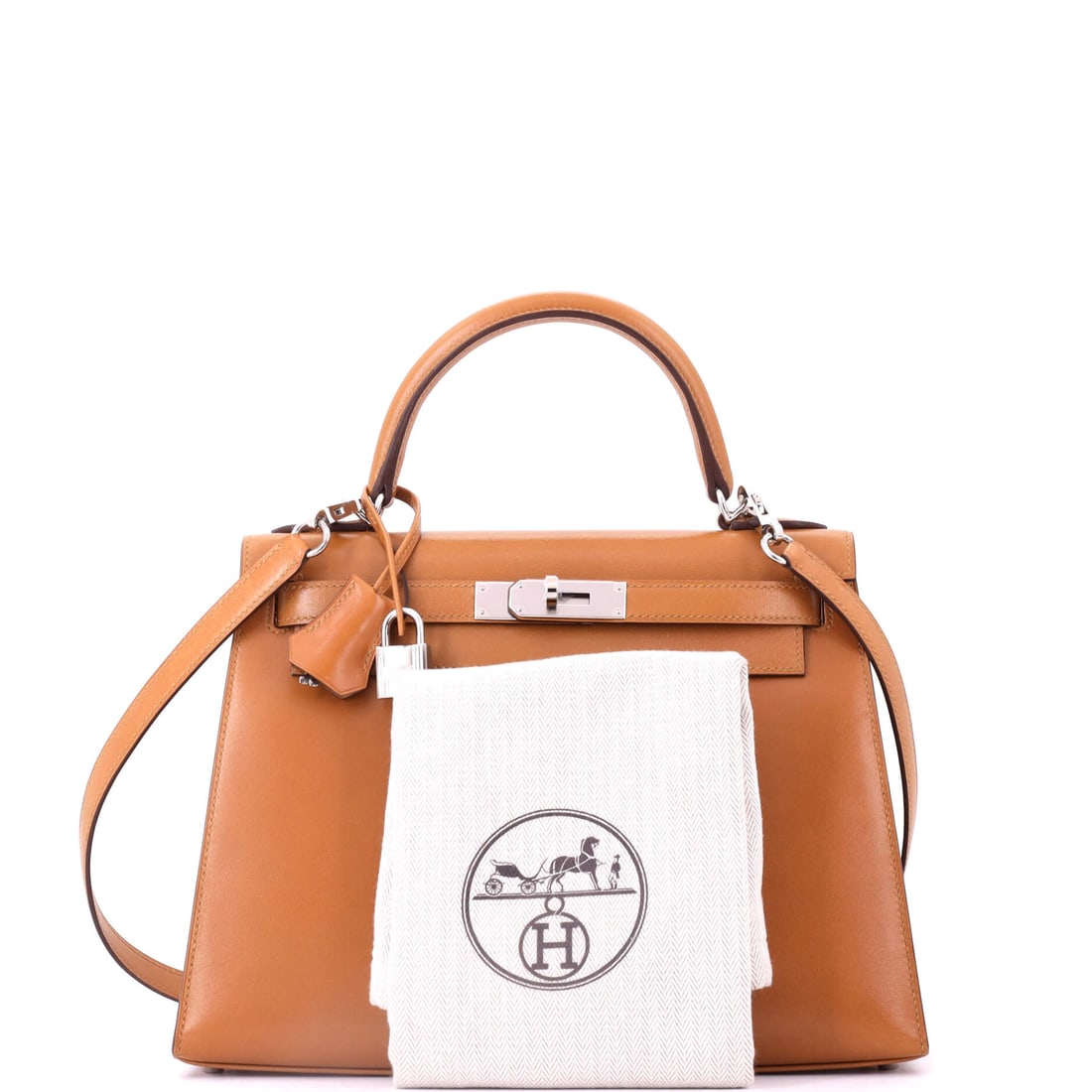 Hermes Kelly Handbag Brown Box Calf with Palladium Hardware 28: Fashion insiders know: this is the one. Meet the Hermes Kelly Handbag Brown Box Calf with Palladium Hardware 28 in Brown -- as desirable as ever. Measuring 8.5" H x 11" W x 4" D, it's perfectly propor