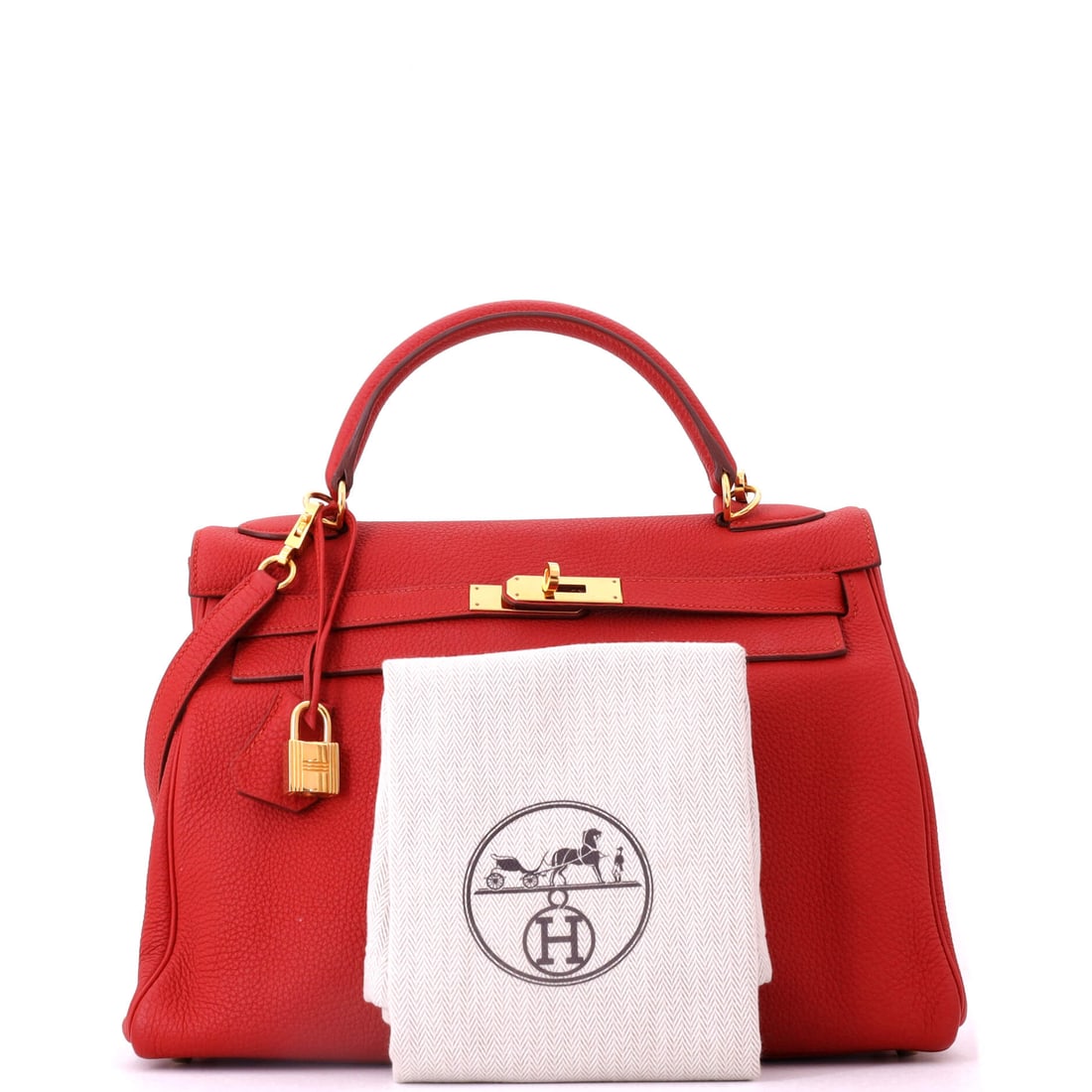 Hermes Kelly Handbag Red Togo with Gold Hardware 32: A modern icon in its own right. Behold the Hermes Kelly Handbag Red Togo with Gold Hardware 32: Red gold, pure luxury. At 9" x 12.5" x 4", this piece strikes the ideal balance of capacity and elegance