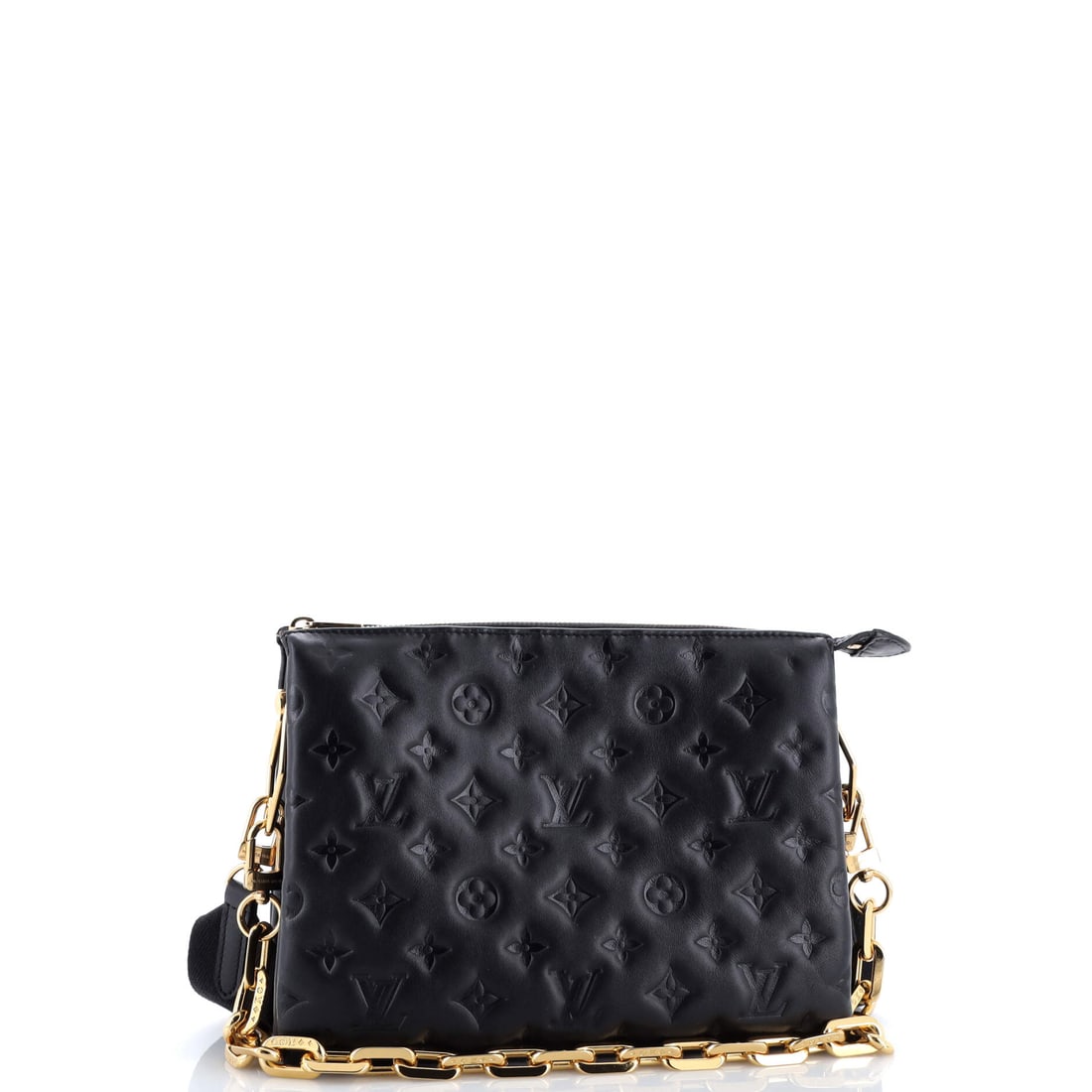 Louis Vuitton Coussin Bag Monogram Embossed Lambskin PM: The kind of piece collectors dream about. This Louis Vuitton Coussin Bag Monogram Embossed Lambskin PM in Black lambskin monogram is a standout (size PM) from the house's celebrated lineup. At 8" x 10