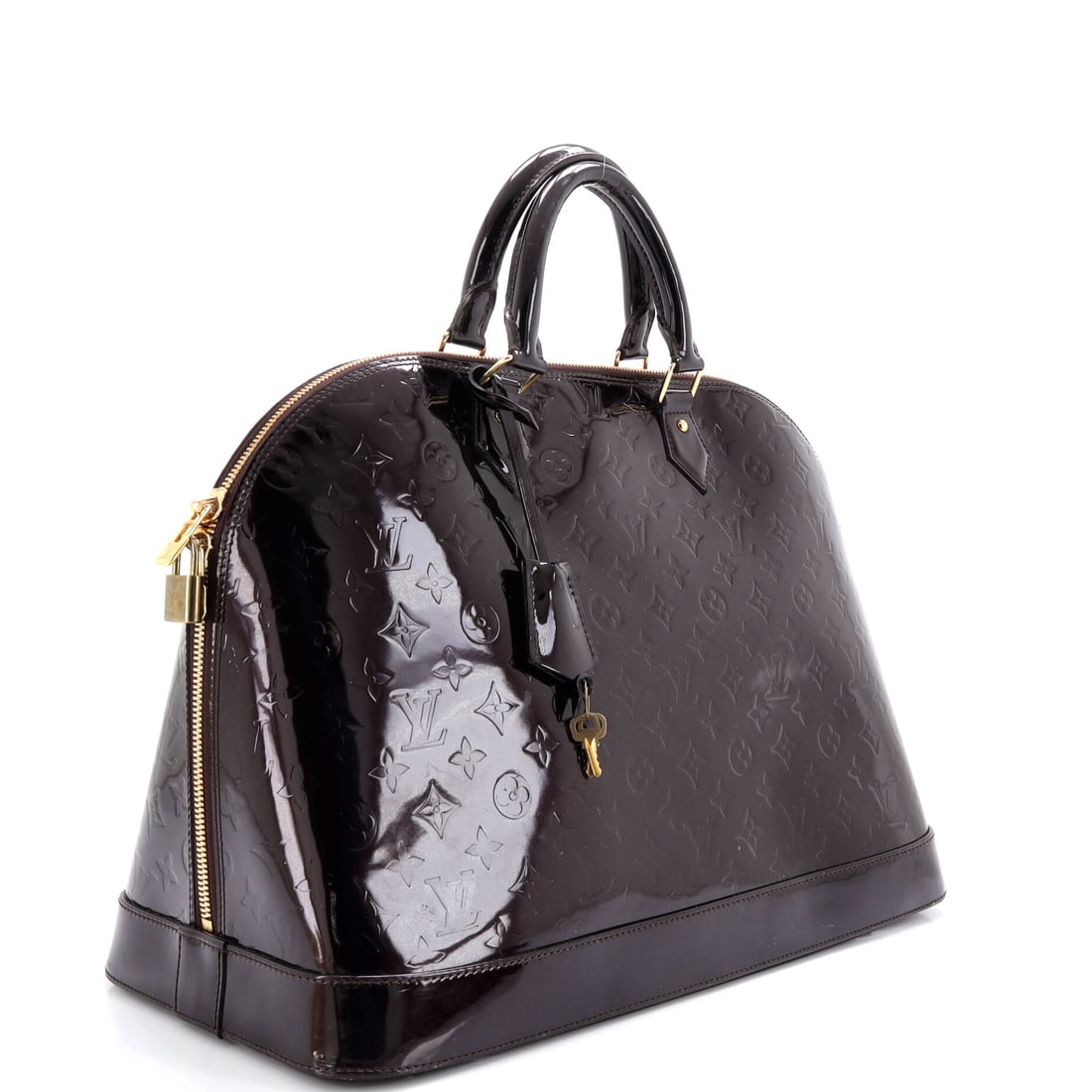 Louis Vuitton Alma Handbag Monogram Vernis XL: Truly one for the wish list. Behold the Louis Vuitton Alma Handbag Monogram Vernis XL: Purple monogram vernis, (size XL) pure luxury. Measuring 13" H x 18" W x 9" D, it's perfectly proportioned for ev