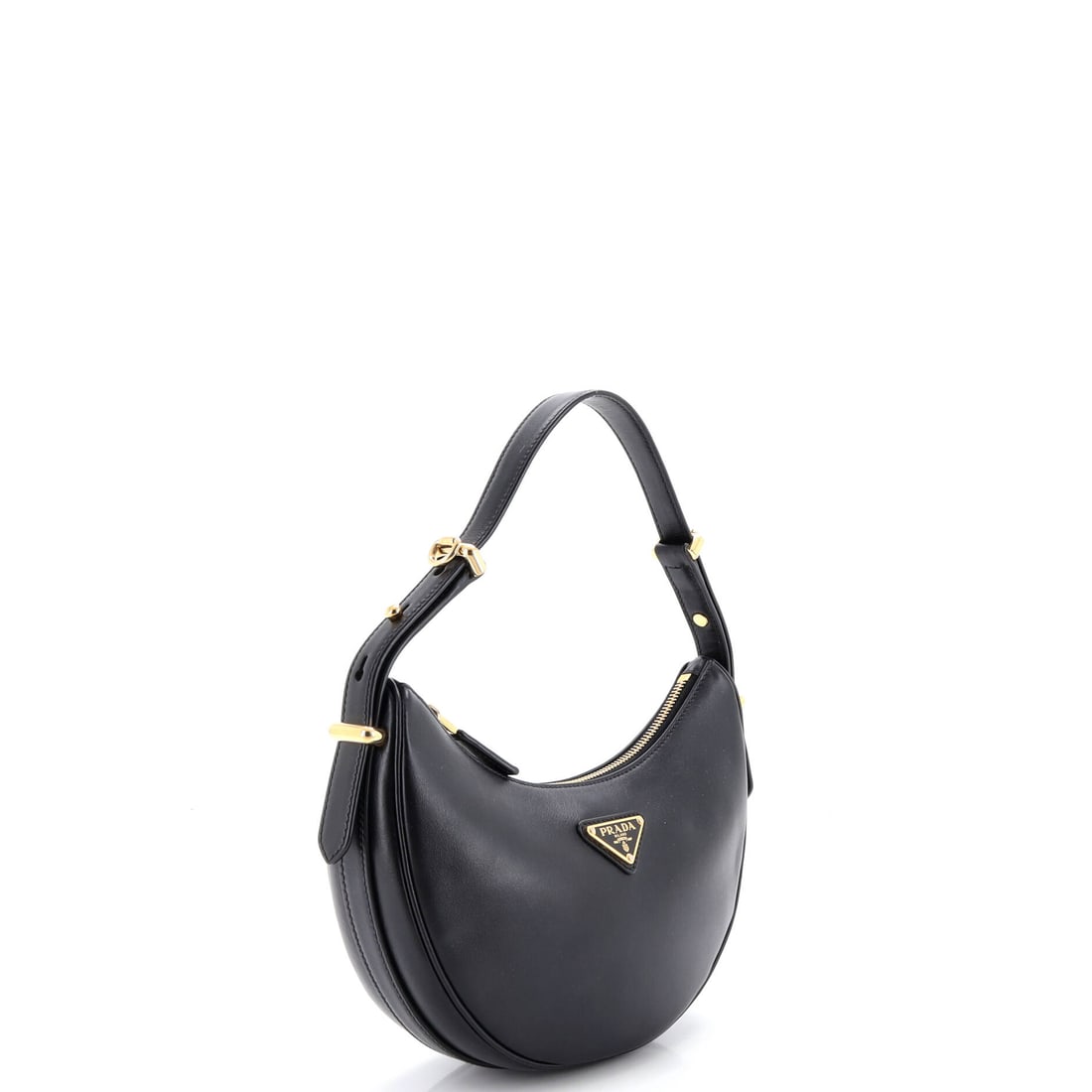Prada Arque Half Moon Hobo Leather Small: Designed for those who set the standard. Meet the Prada Arque Half Moon Hobo Leather Small in Black leather (size Small) -- as desirable as ever. Sized at 7" H, 8.5" W, and 2.5" D -- just right. Lot i
