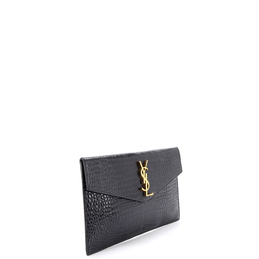 Saint Laurent Uptown Pouch Crocodile Embossed Leather: A modern icon in its own right. Saint Laurent's beloved Uptown Pouch Crocodile Embossed Leather in Black leather crocodile -- a perennial favorite for good reason. Sized at 6" H, 10.5" W, and 1" D --