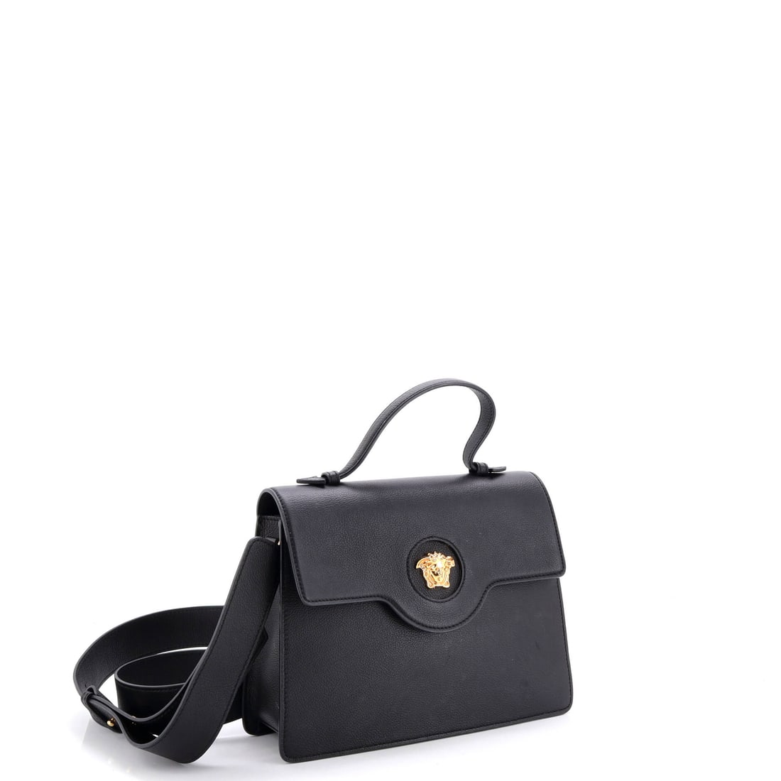 Versace La Medusa Top Handle Tote Bag Leather: For those who believe their arm candy should spark conversation. Here we have the Versace La Medusa Top Handle Tote Bag Leather -- Black leather and every bit as covetable as you'd expect. Sized at 8"