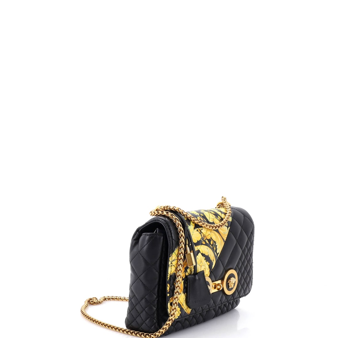 Versace Medusa Padlock Icon Flap Bag Quilted Leather Medium: Truly one for the wish list. From Versace, the Medusa Padlock Icon Flap Bag Quilted Leather Medium in Black leather quilted (size Medium) speaks for itself. Measuring 6.5" H x 10" W x 3" D, it's perfe