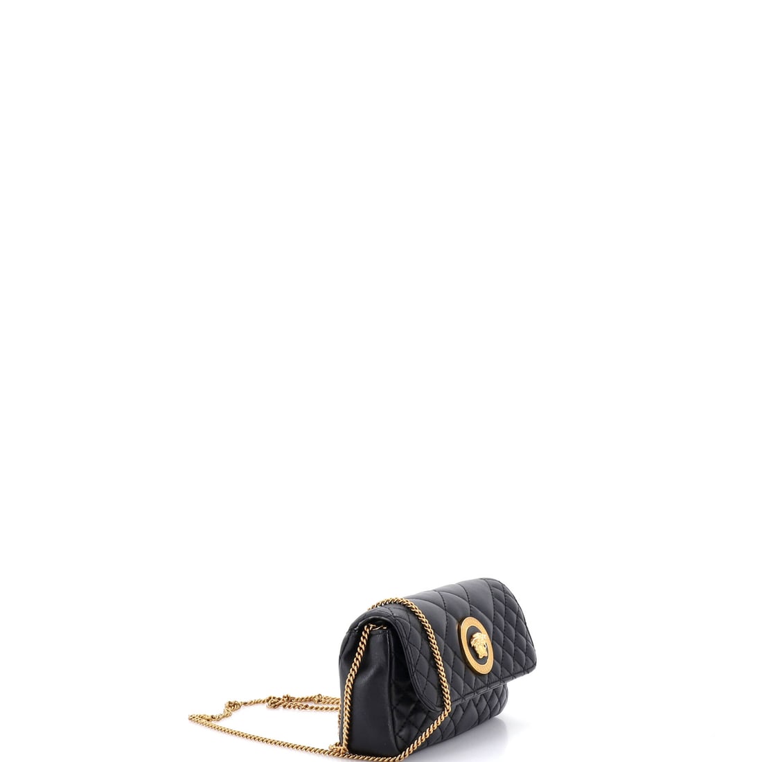 Versace Medusa Icon Chain Flap Bag Quilted Leather Mini: The centerpiece of any jewelry collection. Versace's beloved Medusa Icon Chain Flap Bag Quilted Leather Mini in Black leather quilted (size Mini) -- a perennial favorite for good reason. Dimensions co