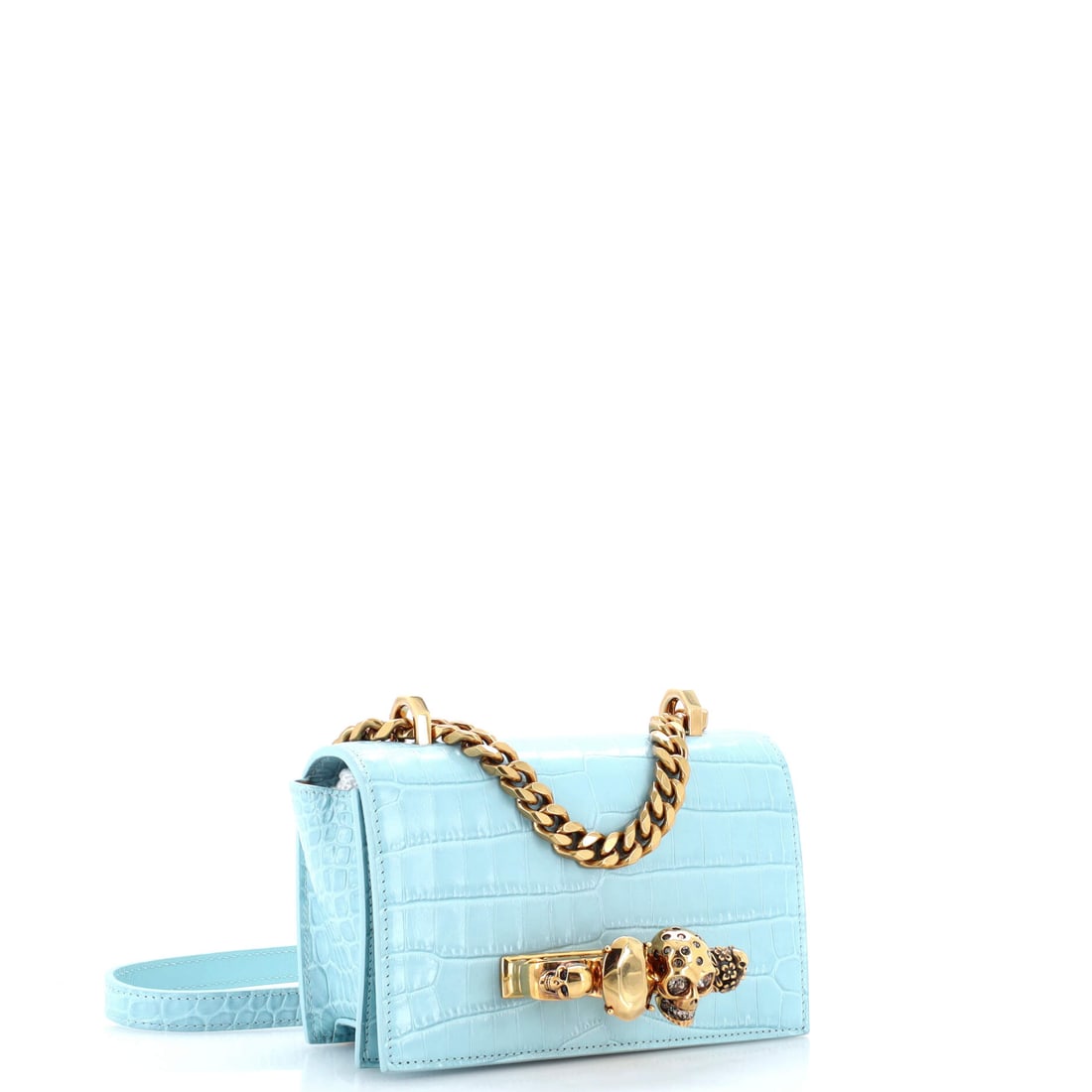 Alexander McQueen Jeweled Flap Bag Crocodile Embossed Leather Small: Drama is not a flaw; it is a design philosophy. Few pieces carry the sheer magnetism of a Alexander McQueen Jeweled Flap Bag at full tilt. Presented in the Small size, crocodile embossed leather const
