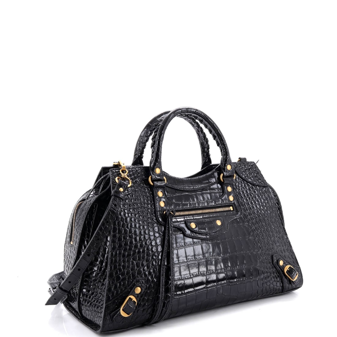 Balenciaga Neo Classic City Bag Crocodile Embossed Leather Medium: No outfit crisis survives contact with this piece. In Black Crocodile Embossed Leather, this Neo Classic City Bag transitions seamlessly from boardroom to bar. Presented in the Medium size, crocodile