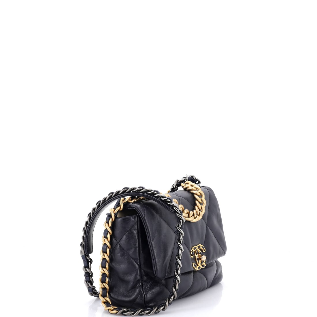 Chanel 19 Flap Bag Quilted Leather Medium: Some things whisper. This one has a megaphone. This Chanel 19 Flap Bag does not follow trends. Trends follow it. Presented in the Medium size, quilted leather construction, a blue colorway. Measures a