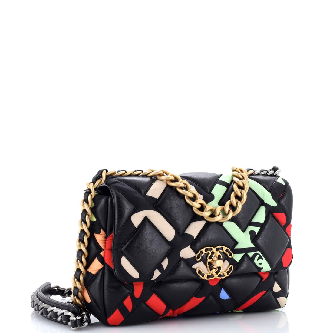 Chanel 19 Flap Bag Quilted Lambskin and Printed Silk Medium: Some houses built their legend one silhouette at a time. This particular 19 Flap Bag and Printed Silk in Quilted Lambskin captures the essence of what Chanel does best. Presented in the Medium size, q