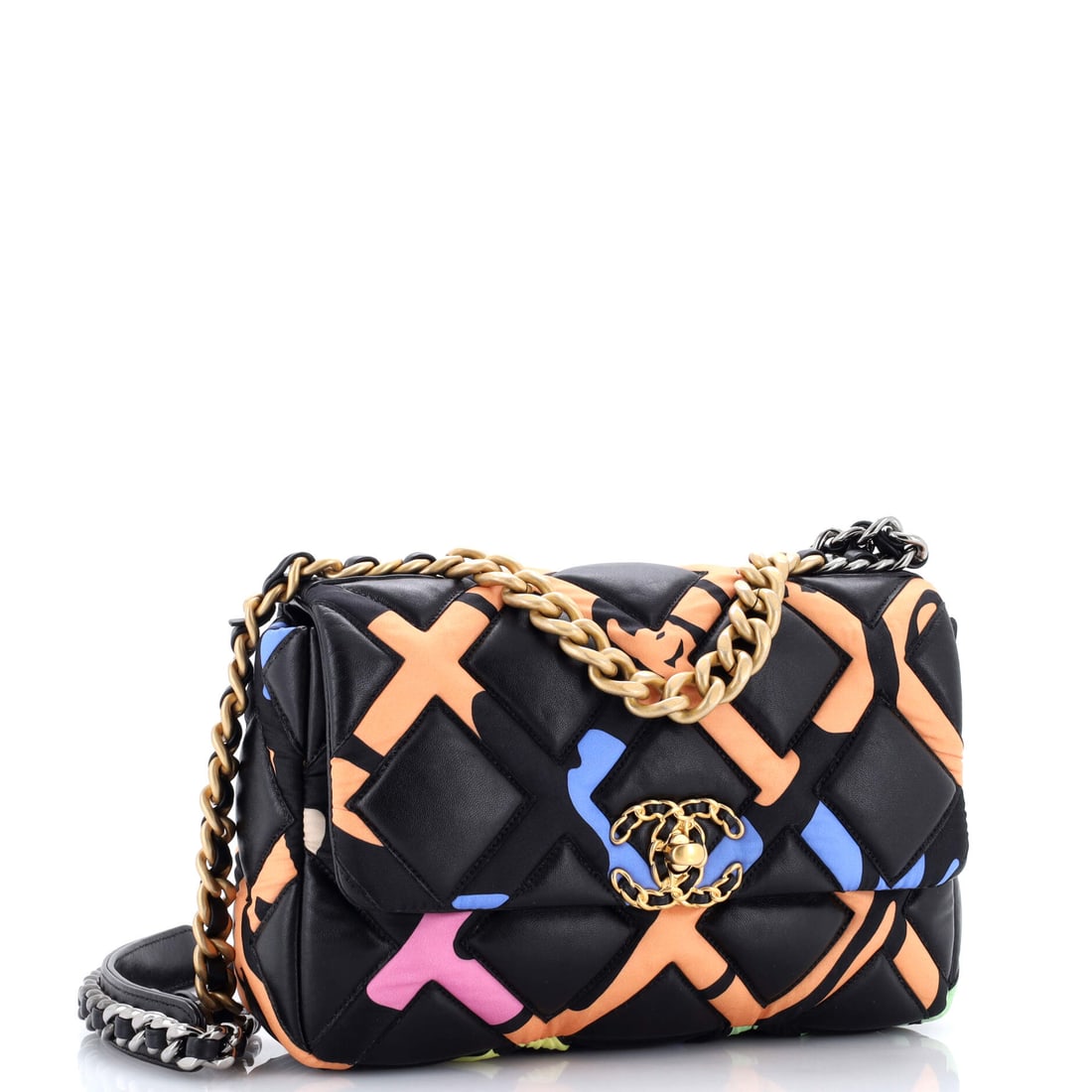 Chanel 19 Flap Bag Quilted Lambskin and Printed Silk Medium: Beauty this considered does not happen by chance. This is Chanel at their most poetic -- restrained, resonant, and effortlessly refined. Presented in the Medium size, quilted lambskin construction, a