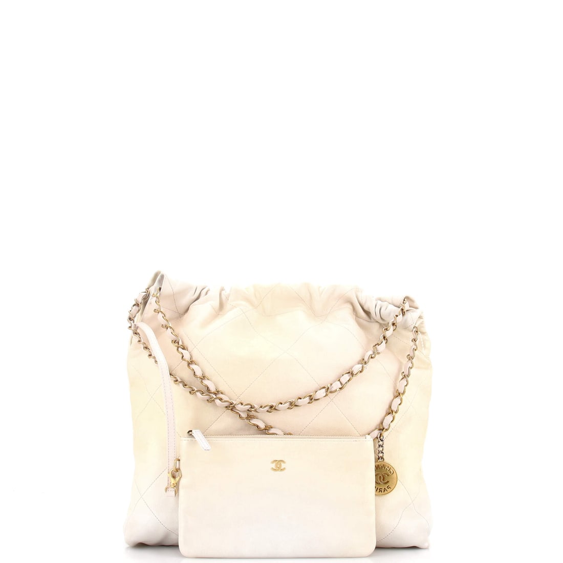 Chanel 22 Chain Hobo Quilted Calfskin Medium: Understatement is overrated. This piece agrees. This Chanel 22 Chain Hobo Quilted does not follow trends. Trends follow it. Presented in the Medium size, calfskin construction, a gold, neutral colorwa