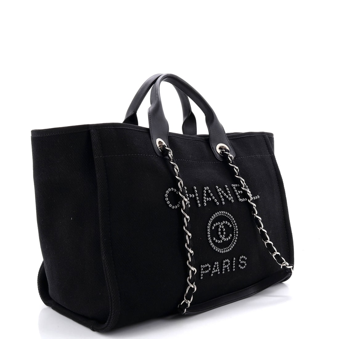 Chanel Deauville Tote Pearl Embellished Canvas Medium: Delicate does not mean fragile -- it means deliberate. The Deauville Tote Pearl Embellished in this particular shade of Black carries an almost meditative elegance. Presented in the Medium size,
