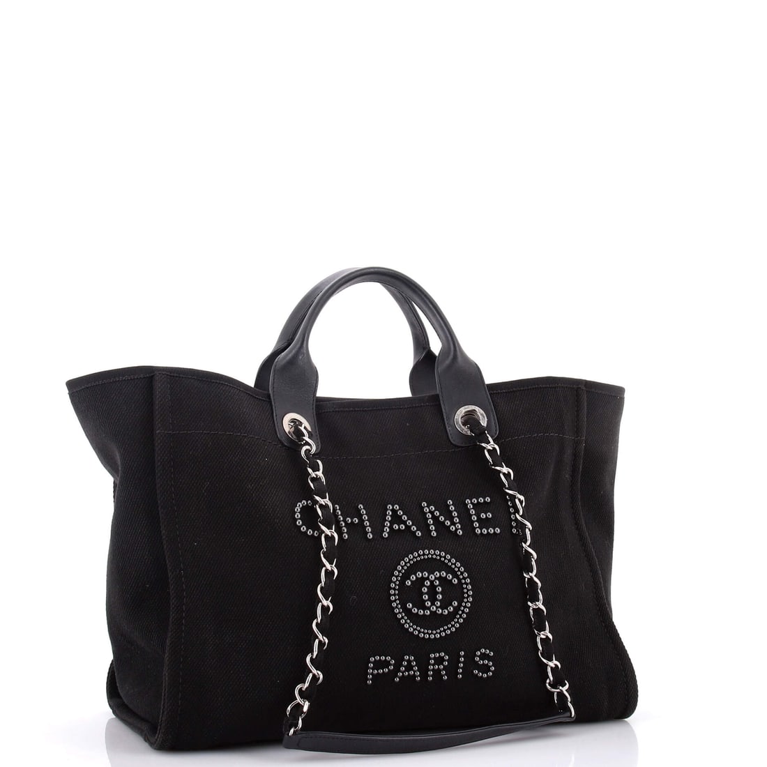 Chanel Deauville Tote Pearl Embellished Canvas Medium: The kind of thing you notice second -- and remember first. There is a quietude to this Deauville Tote Pearl Embellished that belies the extraordinary craft within. Presented in the Medium size,