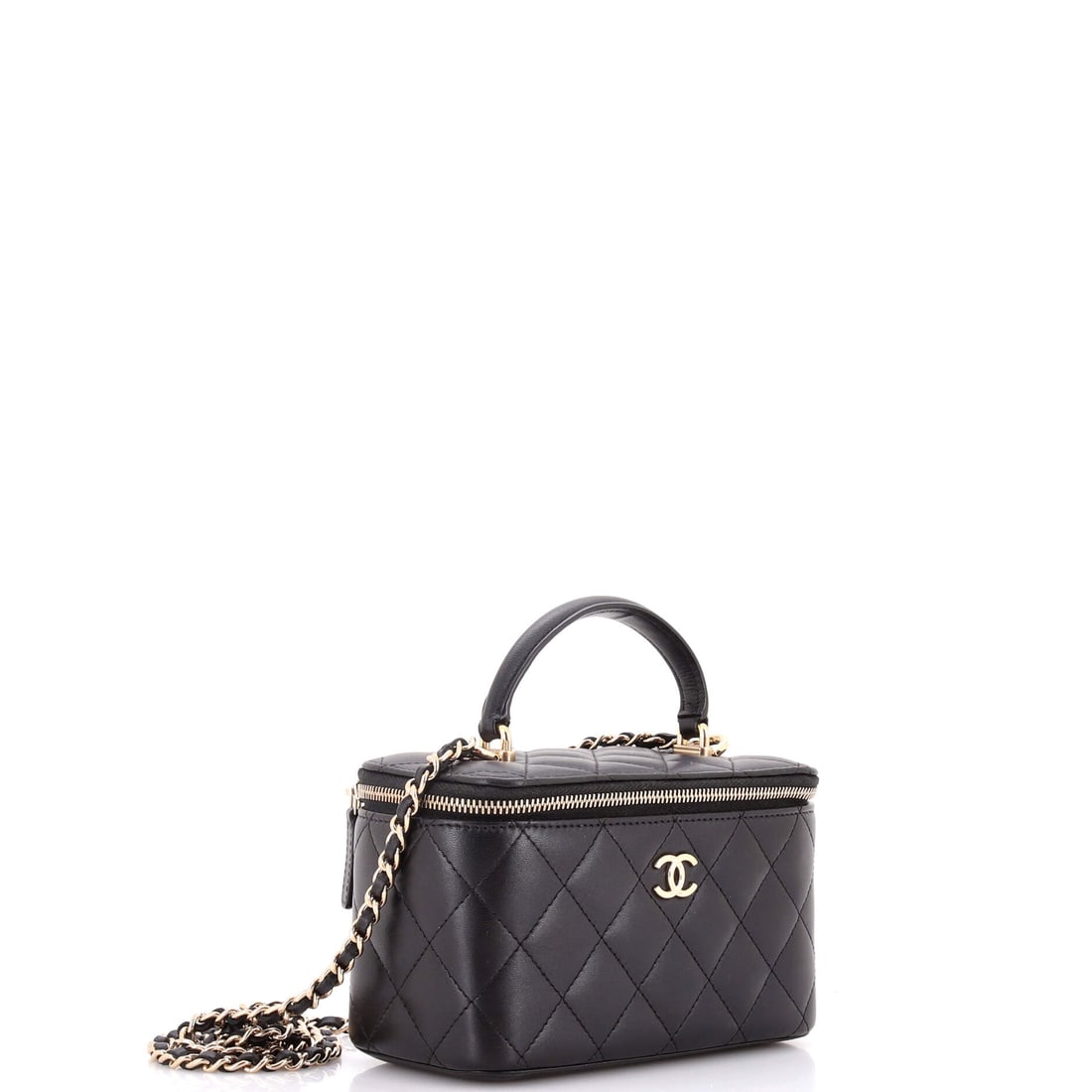 Chanel Classic Top Handle Vanity Case with Chain Quilted Lambskin Small: Street style approved. Auction house certified. In the real world, this Chanel Classic Top Handle Vanity Case with Chain in Black is the piece that never lets you down. Presented in the Small size, qu