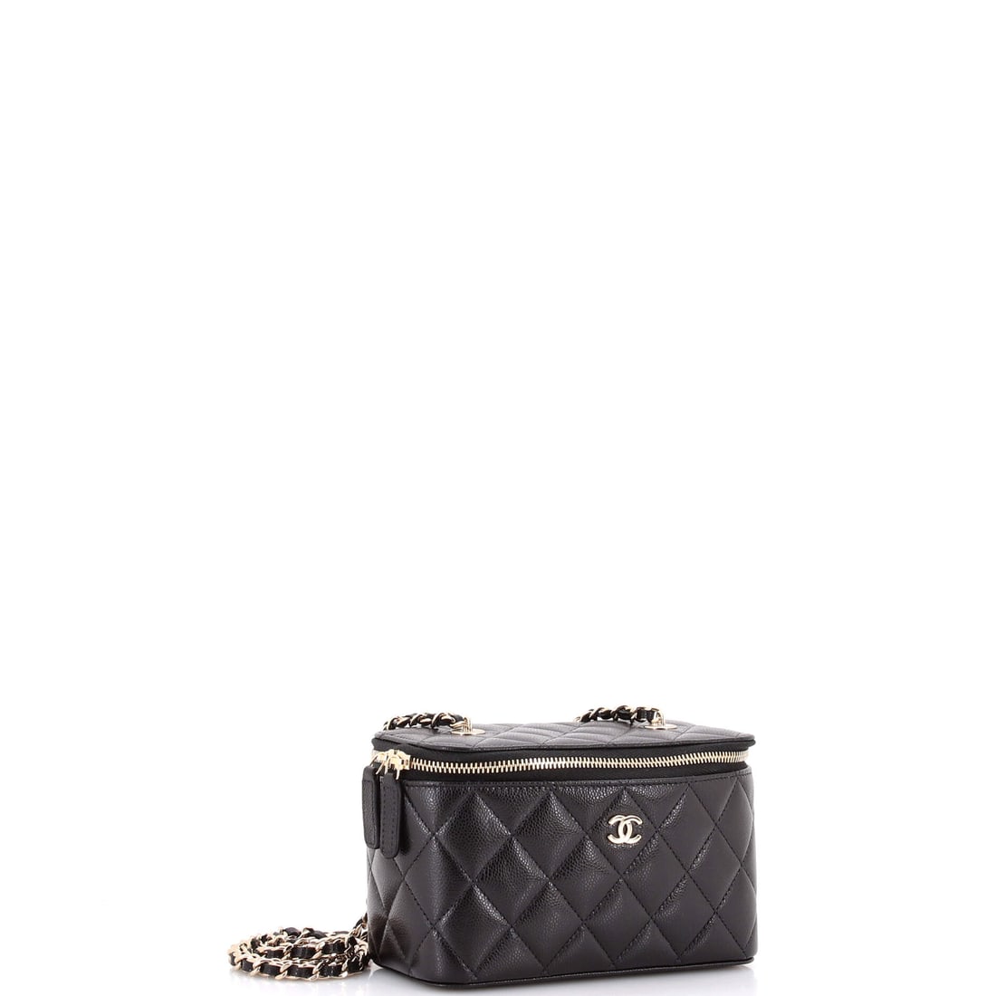 Chanel Classic Vanity Case with Chain Quilted Caviar Small: Understatement is overrated. This piece agrees. The Chanel Classic Vanity Case with Chain is a declaration of intent wrapped in Quilted Caviar. Presented in the Small size, quilted caviar construction