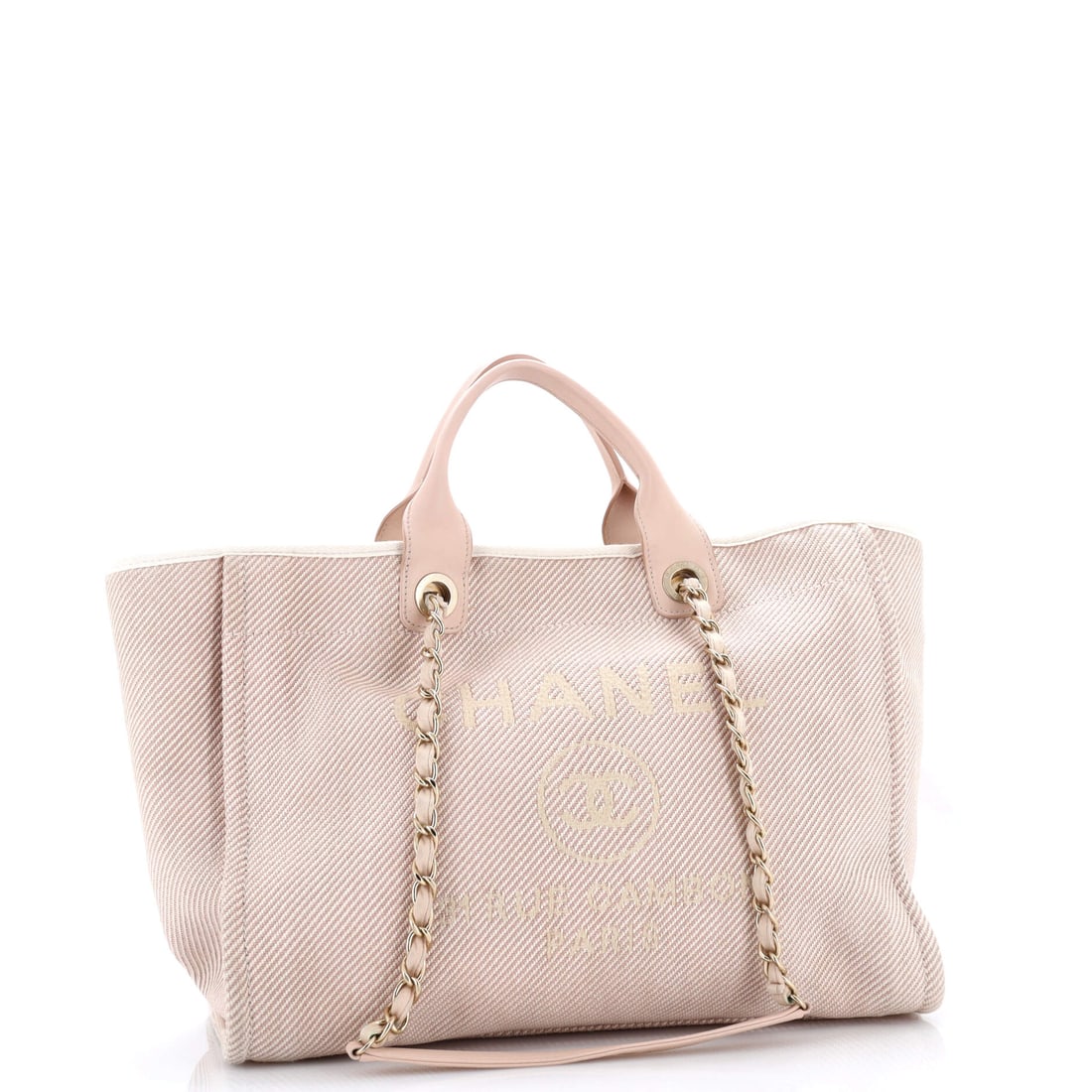 Chanel Deauville Tote Mixed Fibers Medium: Understatement is overrated. This piece agrees. This Deauville Tote Mixed Fibers practically vibrates with Chanel's signature bravado and impeccable construction. Presented in the Medium size, a pink