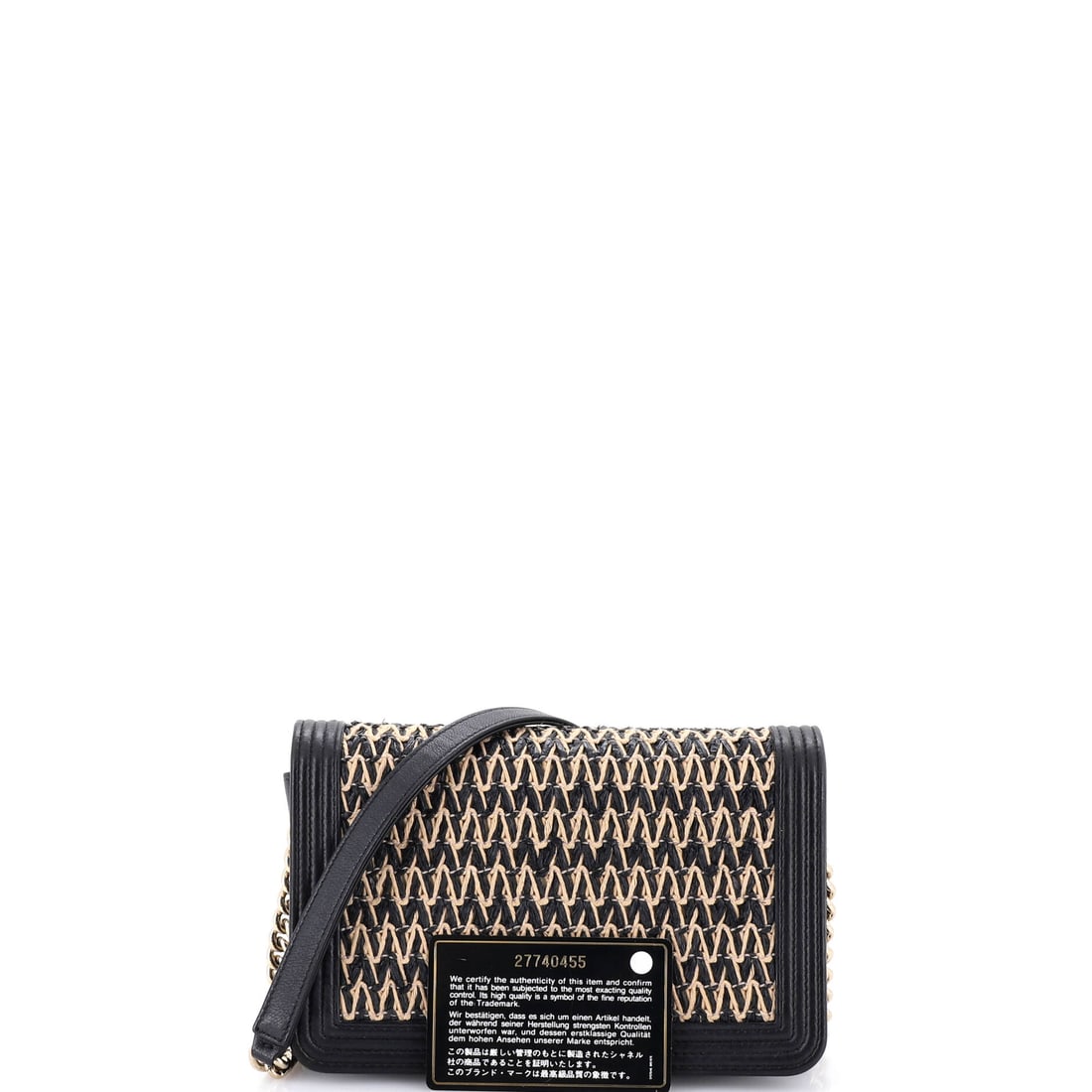 Chanel Boy Wallet on Chain Chevron Woven Raffia and Leather: Some carry a bag. This bag carries a reputation. Black Leather and Chanel engineering combine for something genuinely show-stopping. Presented in leather construction, a black colorway. Dimensions: ap