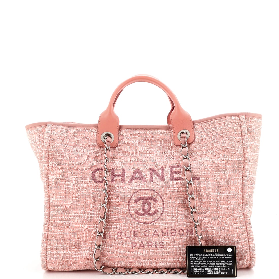 Chanel Deauville Tote Raffia with Glitter Detail Medium: The versatility here is not a compromise -- it is a superpower. In Pink Raffia, this Deauville Tote with Glitter Detail transitions seamlessly from boardroom to bar. Presented in the Medium size, raff