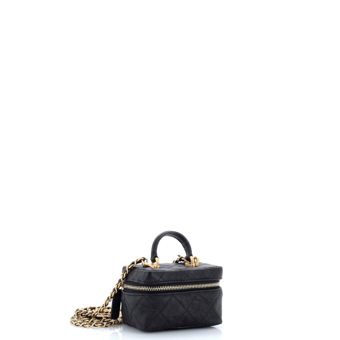 Chanel Top Handle Zip Around Vanity Case with Chain Quilted Caviar Mini: Street style approved. Auction house certified. This Black Top Handle Zip Around Vanity Case with Chain is a workhorse wrapped in Chanel's signature finesse. Presented in the Mini size, quilted caviar