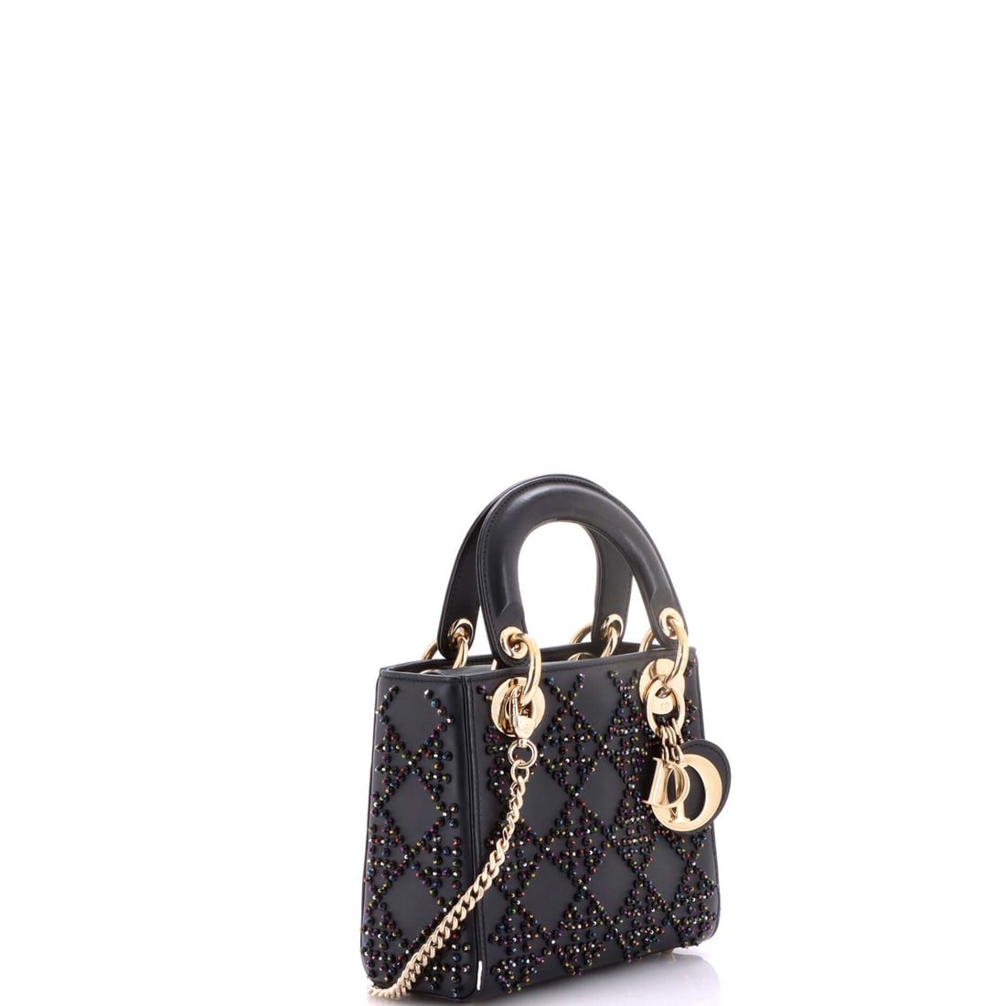 Christian Dior Lady Dior Chain Bag Crystal Embellished Cannage Quilt Leather Mini: Function dressed up so well you almost forgot it was practical. In Black Leather, this Lady Dior Chain Bag Crystal Embellished Cannage Quilt transitions seamlessly from boardroom to bar. Presented in