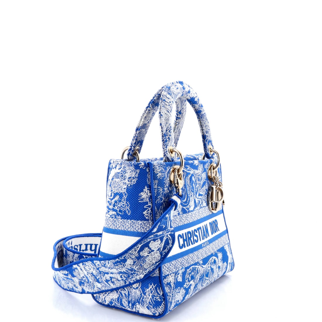 Christian Dior Lady D-Lite Bag Embroidered Canvas Medium: A standing ovation in accessory form. Christian Dior went all in on this Lady D-Lite Bag Embroidered, and the result speaks for itself. Presented in the Medium size, canvas construction, a blue, white