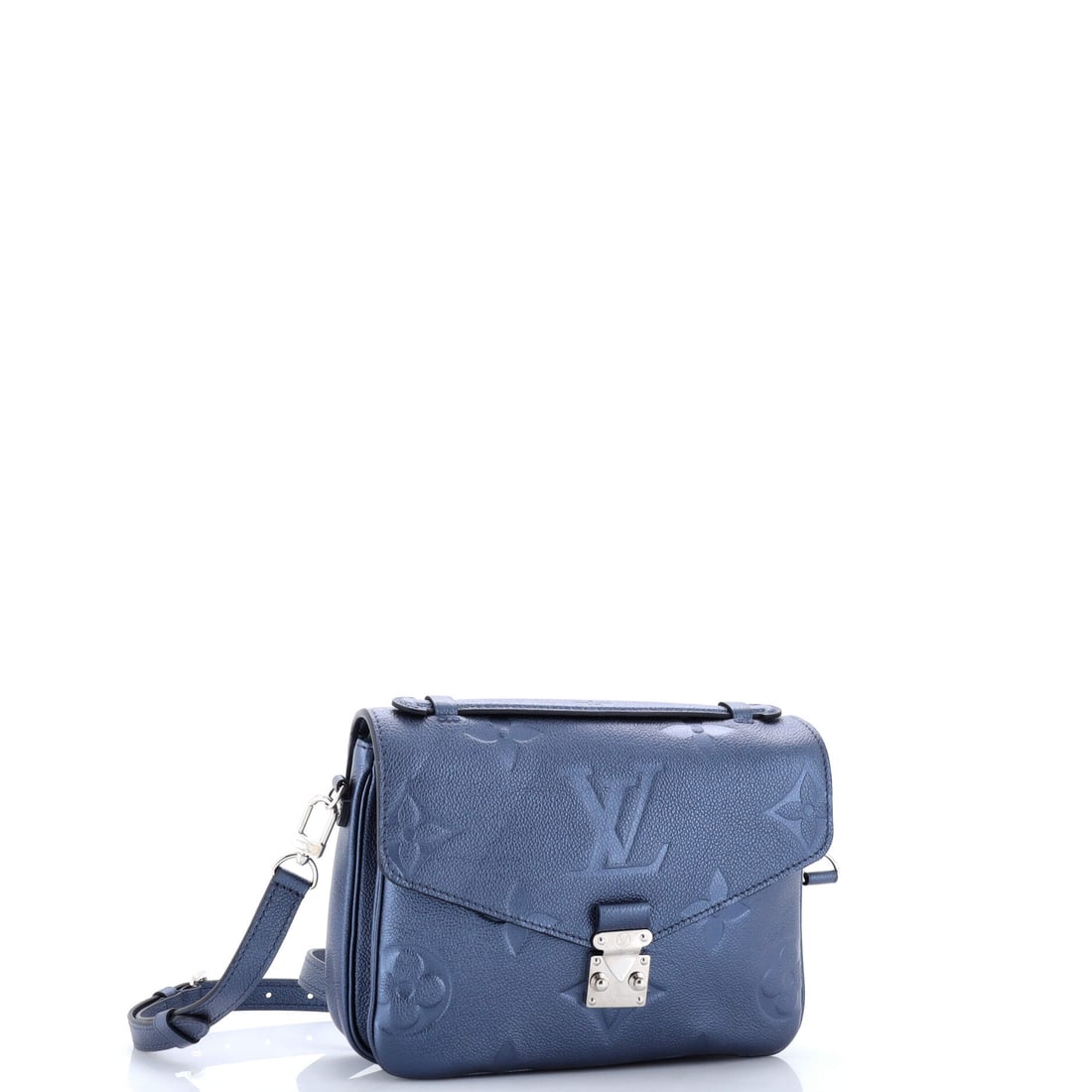 Louis Vuitton Pochette Metis Monogram Empreinte Giant: A still life in motion -- elegant, composed, complete. Light moves differently across premium materials, and Louis Vuitton knows exactly how to use that. Presented in a blue colorway. Approximate dime
