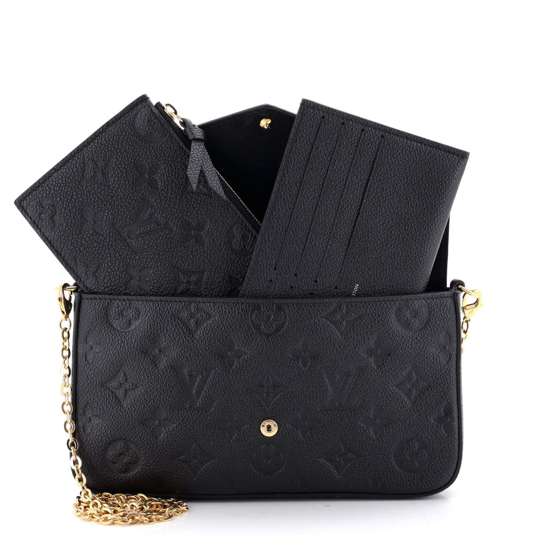 Louis Vuitton Felicie Pochette Monogram Empreinte Leather: Every great collection has a cornerstone -- this is it. This particular Felicie Pochette Monogram in Empreinte Leather captures the essence of what Louis Vuitton does best. Presented in empreinte leat