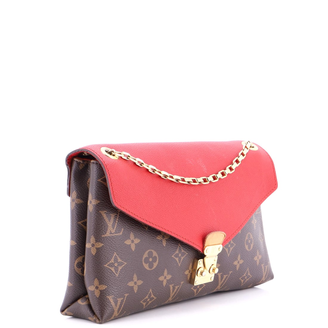 Louis Vuitton Pallas Chain Shoulder Bag Monogram Canvas and Calfskin: Street style approved. Auction house certified. In Brown, Red Monogram Canvas, this Pallas Chain Shoulder Bag and Calfskin transitions seamlessly from boardroom to bar. Presented in monogram canvas co