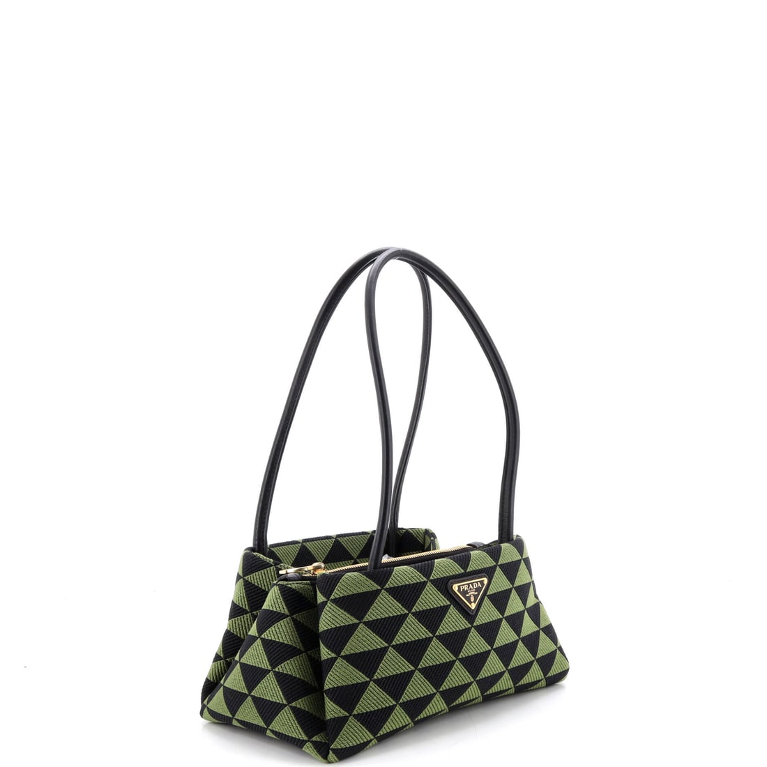 Prada Symbole Shoulder Bag Jacquard Small: Subtlety had its chance -- this piece chose otherwise. Few pieces carry the sheer magnetism of a Prada Symbole Shoulder Bag at full tilt. Presented in the Small size, jacquard construction, a green co