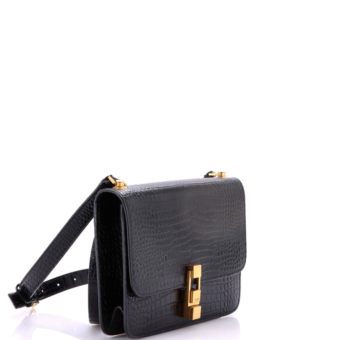 Saint Laurent Carre Satchel Crocodile Embossed Leather Medium: Invest in the silhouette; the compliments come free. The Saint Laurent Carre Satchel in Black Crocodile Embossed Leather checks every box without trying too hard. Presented in the Medium size, crocodi