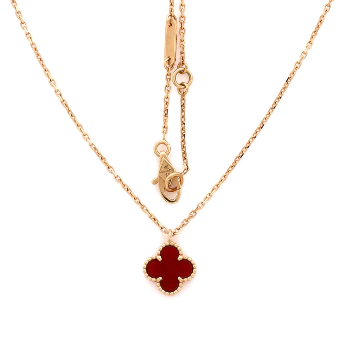 Van Cleef & Arpels Sweet Alhambra Pendant Necklace 18K Rose Gold and Carnelian: The piece that ties six outfits together without breaking a sweat. The Van Cleef & Arpels Sweet Alhambra Pendant Necklace and Carnelian in Rose Gold 18K Rose Gold checks every box without trying too h