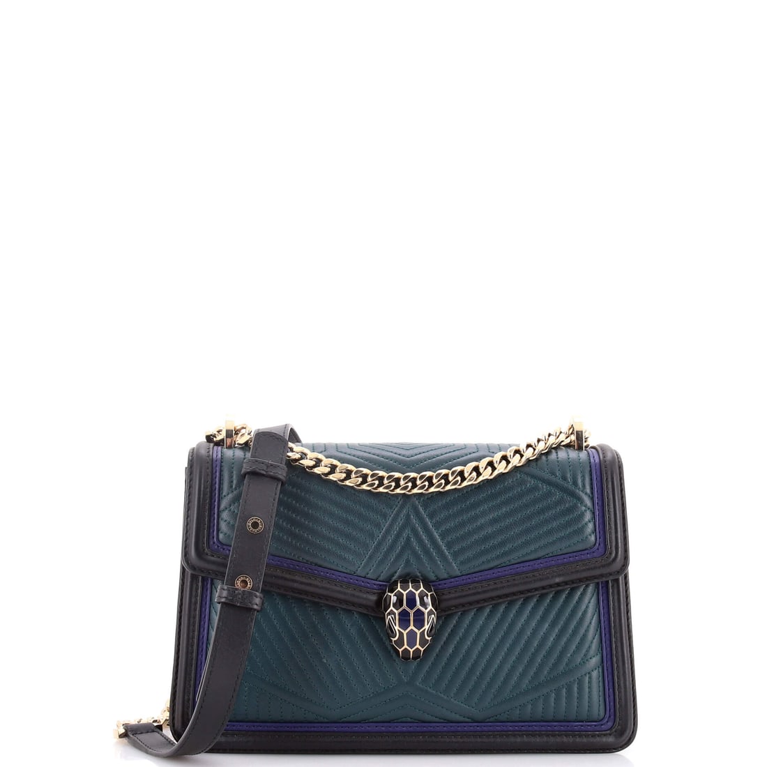 Bvlgari Serpenti Forever Shoulder Bag: Bvlgari's commitment to craftsmanship shines brilliantly in this Quilted Leather creation. In supple calf leather, this creation is distinguished by supple leather lining and thoughtful compartments. 
