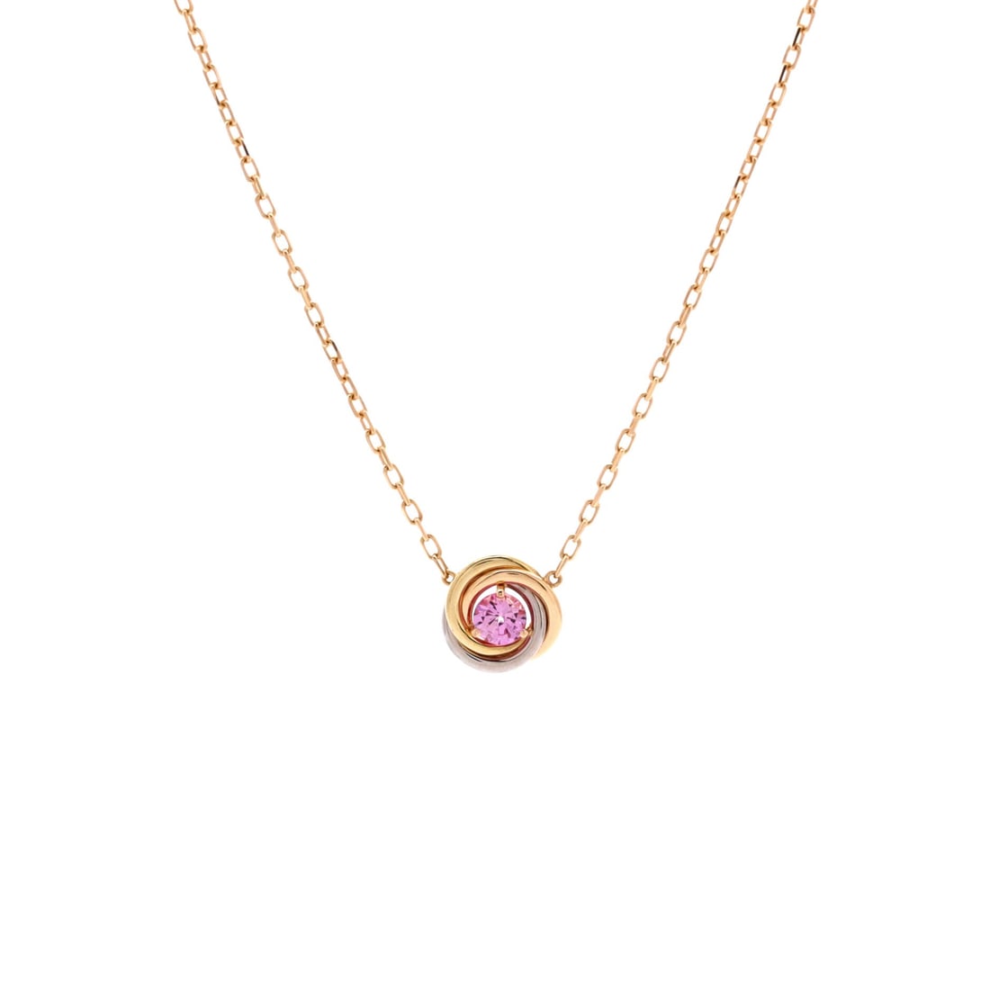 Cartier Trinity Diamond Pendant Necklace: Practicality meets prestige in this Cartier 18K Tricolor Gold and Pink Sapphire design. The 18K Tricolor Gold and Pink Sapphire in white gold with refined proportion is your new best friend. Invest wi