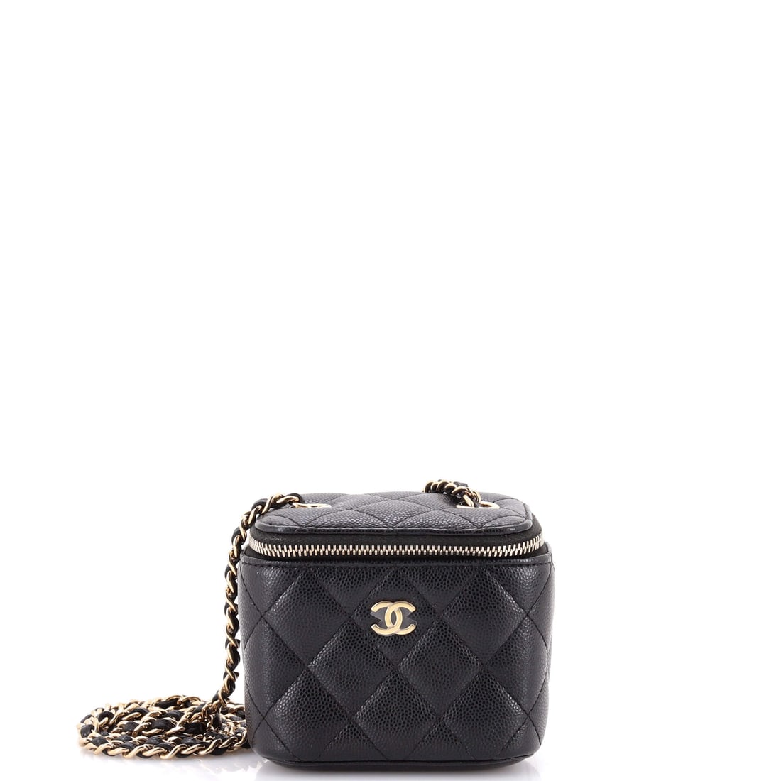 Chanel Classic Vanity Case with Chain: The Chanel name has long been synonymous with refined aesthetics. Fashioned from glazed leather and accented with elegant closure and protective base. Destined to become a treasured heirloom.
