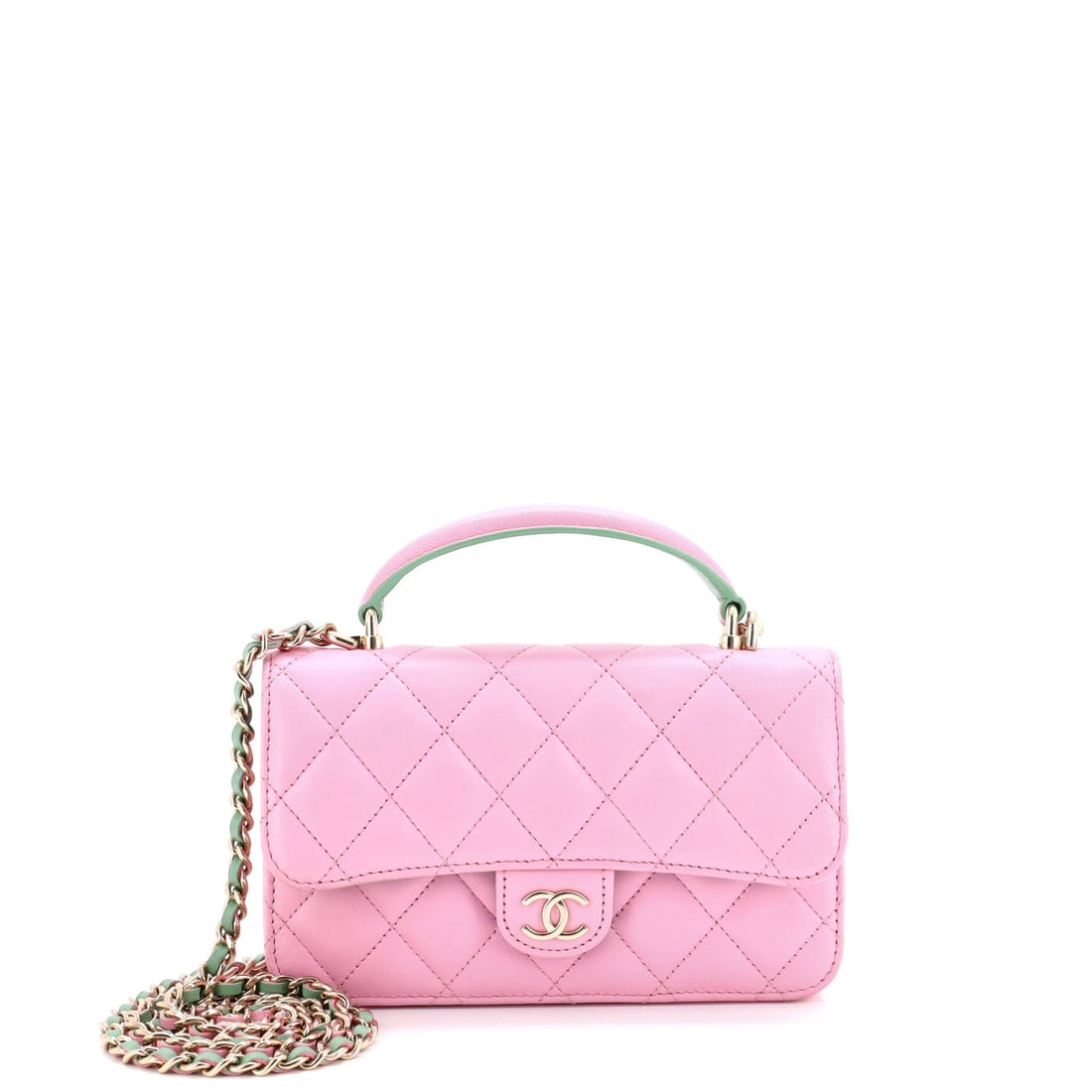 Chanel Classic Top Handle Flap Phone Holder with Chain: The lineage of Chanel's handbag craft is evident in every detail. Fashioned from signature coated canvas and accented with perfectly aligned seams. A worthy addition to any discerning collection.