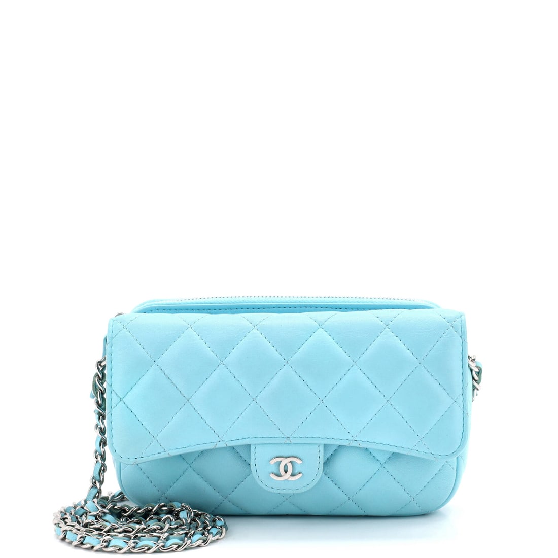 Chanel Classic Flap Phone Holder with Chain: This Chanel handbag is the conversation starter you didn't know you needed. This signature coated canvas design incorporates elegant closure and protective base for lasting appeal. The investment piec